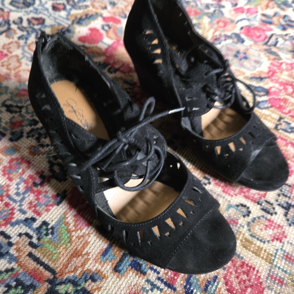 Open Toe Faux Black Suede Laceup Wedge Pumps Shoes